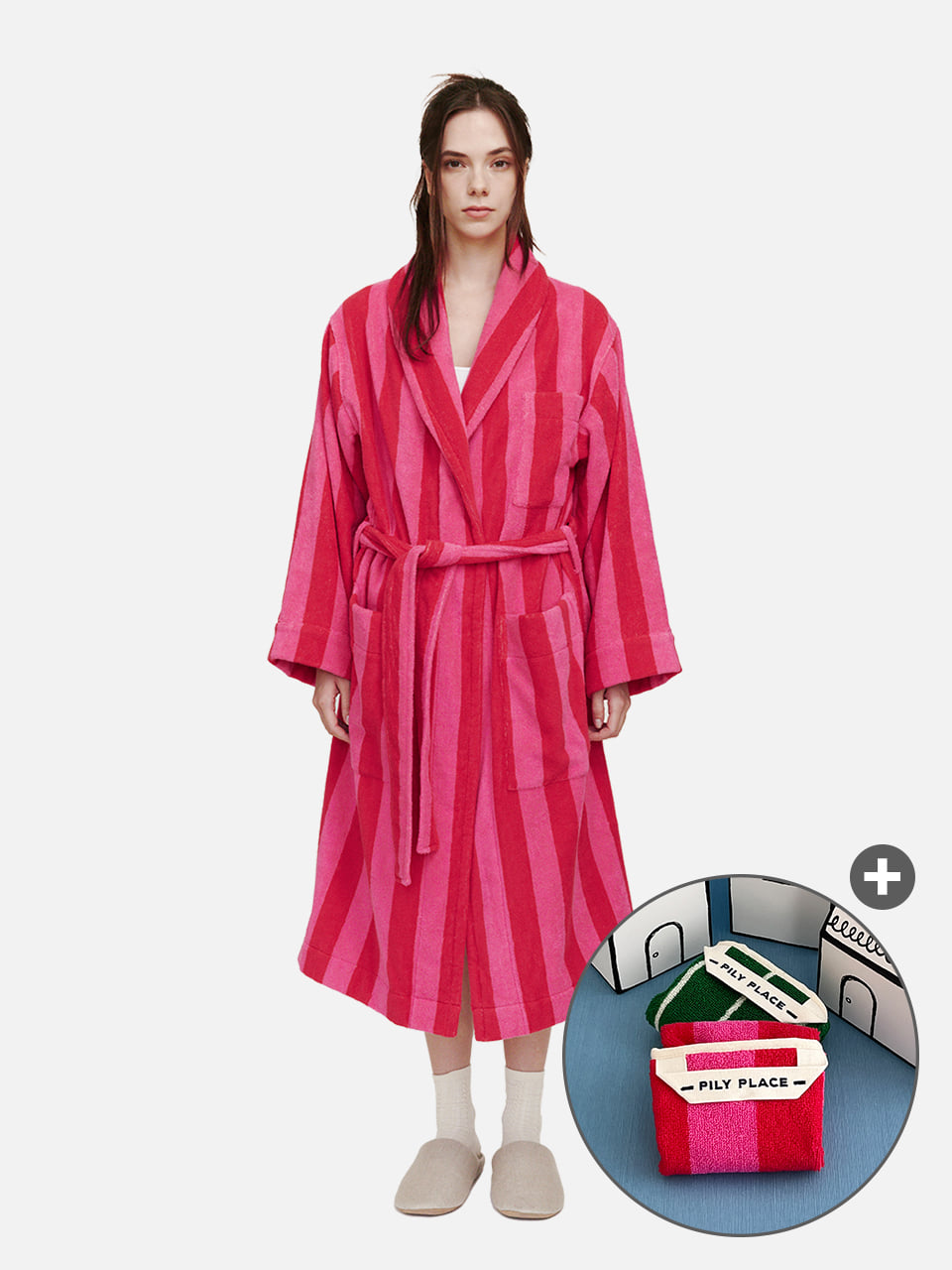 테리 가운 Terry Gown Pink Red + 2종 핸드타올 Gift